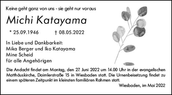 Traueranzeige von Michi Katayama von vrm-trauer Wiesbadener Kurier
