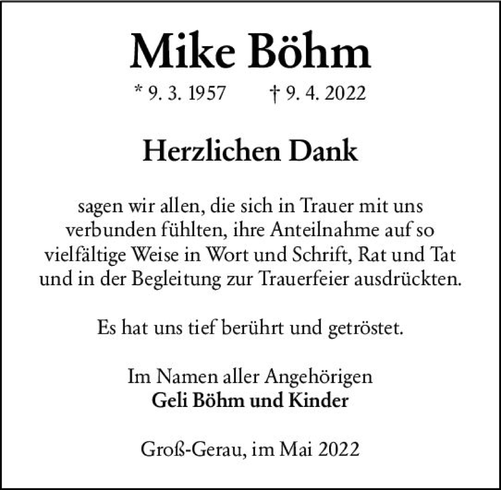  Traueranzeige für Mike Böhm vom 21.05.2022 aus vrm-trauer Groß-Gerauer Echo