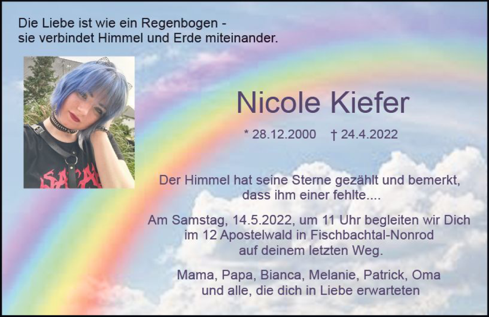  Traueranzeige für Nicole Kiefer vom 07.05.2022 aus vrm-trauer DieburgerAnzeiger/Groß-Zimmerner Lokala
