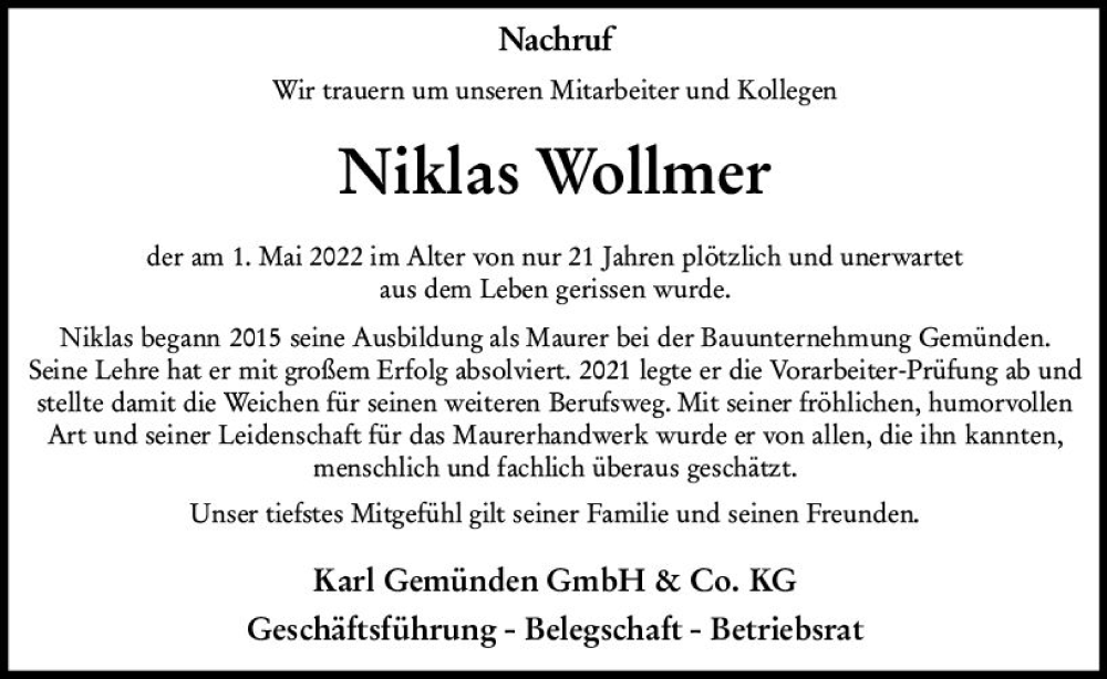 Traueranzeige für Niklas Wollmer vom 14.05.2022 aus vrm-trauer Allgemeine  Zeitung Ingelheim-Bingen