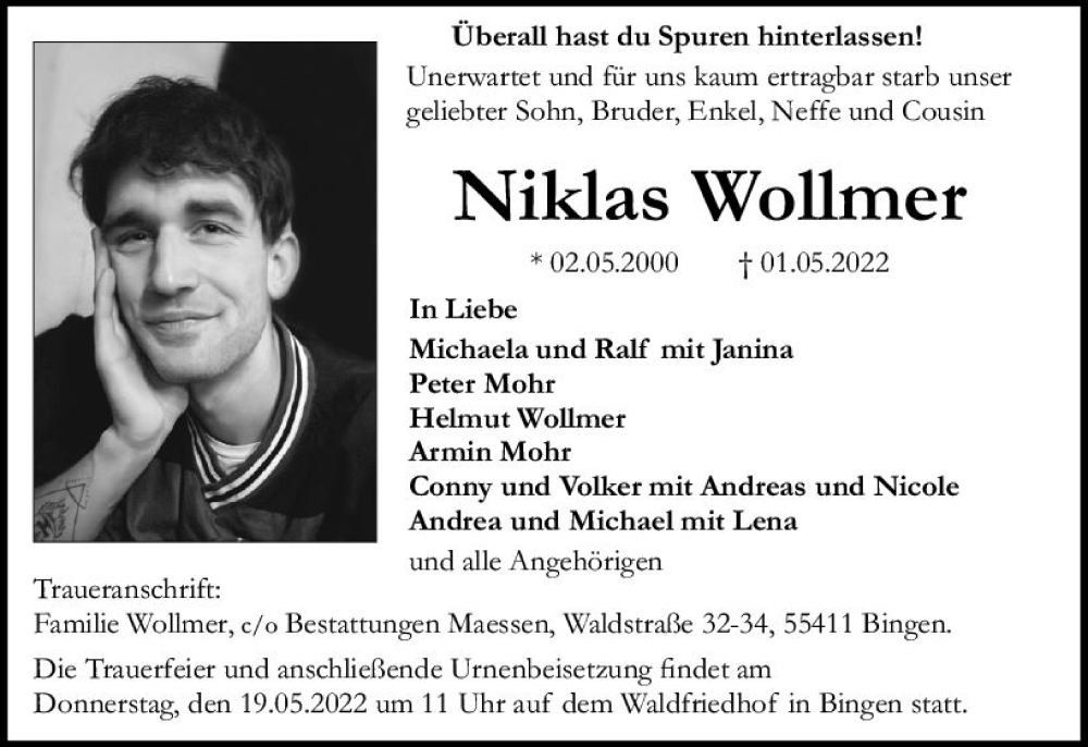  Traueranzeige für Niklas Wollmer vom 14.05.2022 aus vrm-trauer Allgemeine  Zeitung Ingelheim-Bingen