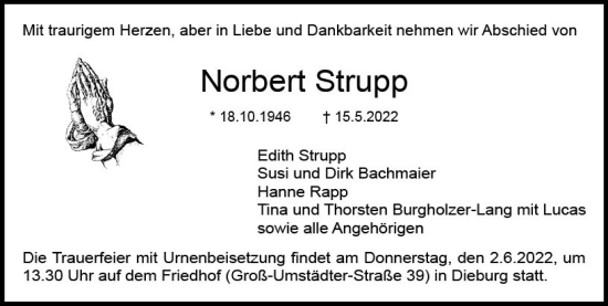 Traueranzeige von Norbert Strupp von vrm-trauer DieburgerAnzeiger/Groß-Zimmerner Lokala