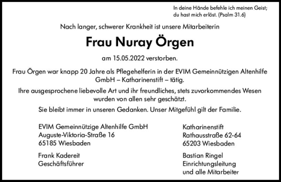 Traueranzeige von Nuray Örgen von vrm-trauer Wiesbadener Kurier