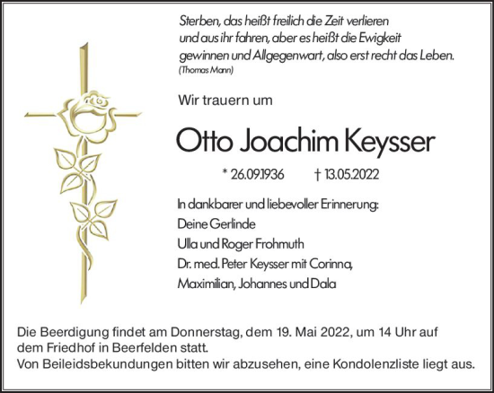 Traueranzeige von Otto Joachim Keysser von vrm-trauer Odenwälder Echo