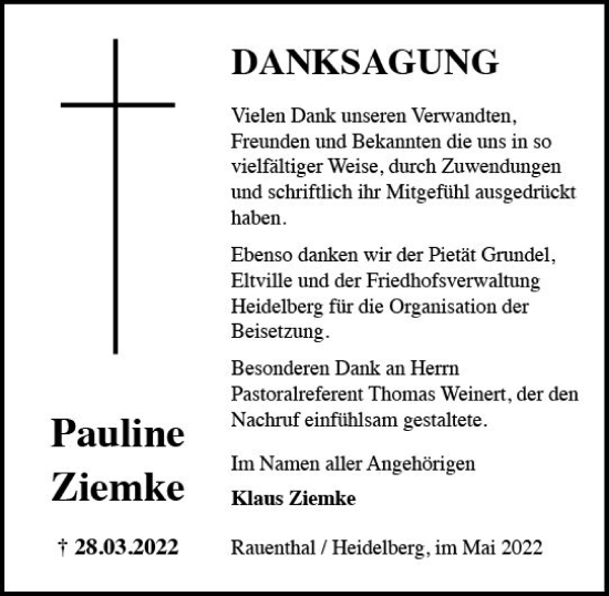 Traueranzeige von Pauline Ziemke von vrm-trauer Rheingau