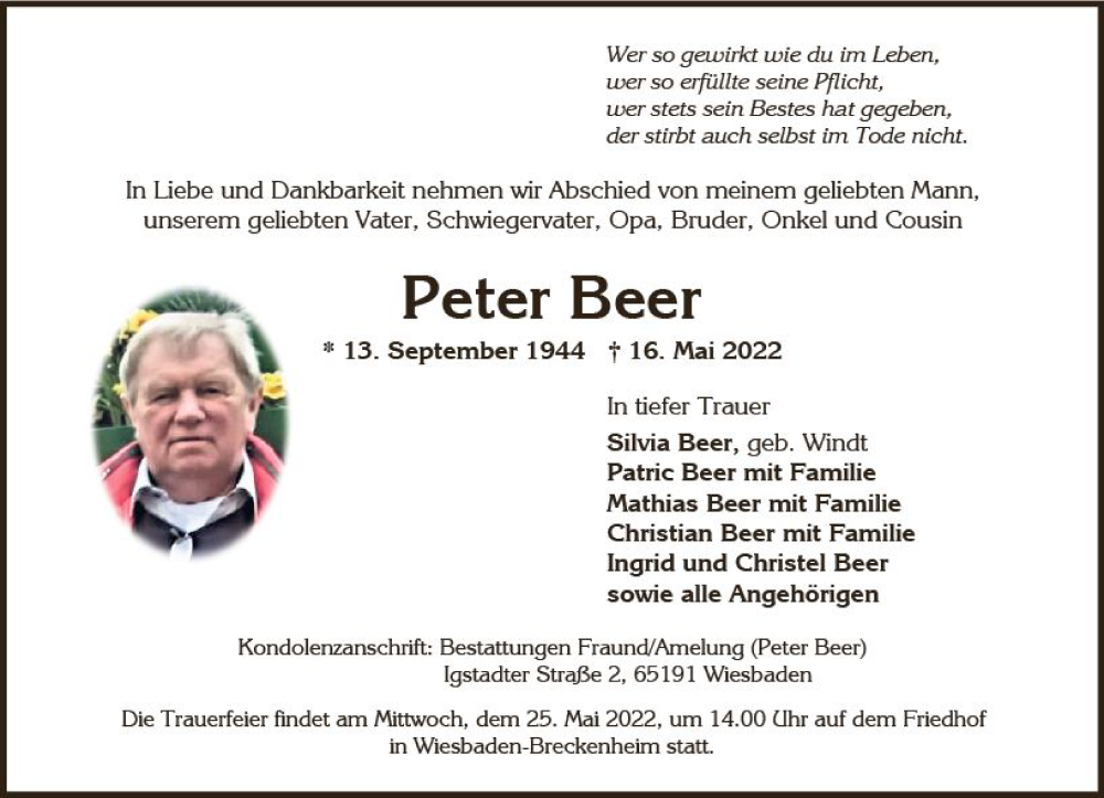  Traueranzeige für Peter Beer vom 21.05.2022 aus vrm-trauer Wiesbadener Kurier