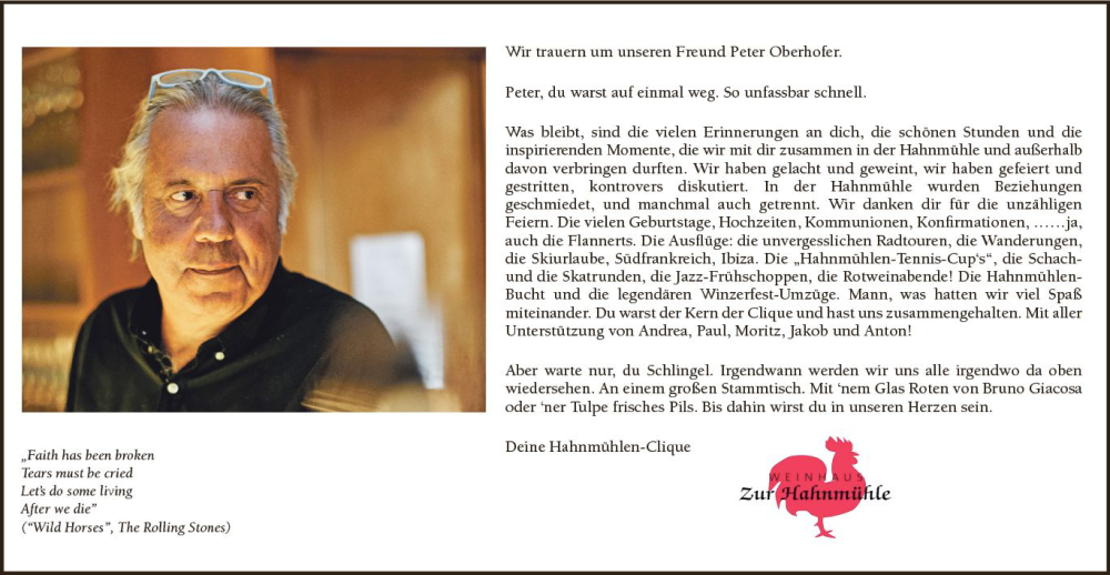  Traueranzeige für Peter Oberhofer vom 21.05.2022 aus vrm-trauer Bergsträßer Anzeiger