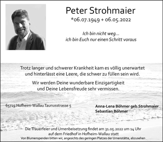 Traueranzeige von Peter Strohmaier von vrm-trauer Wiesbadener Kurier