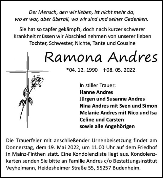Traueranzeige von Ramona Andres von vrm-trauer AZ Mainz