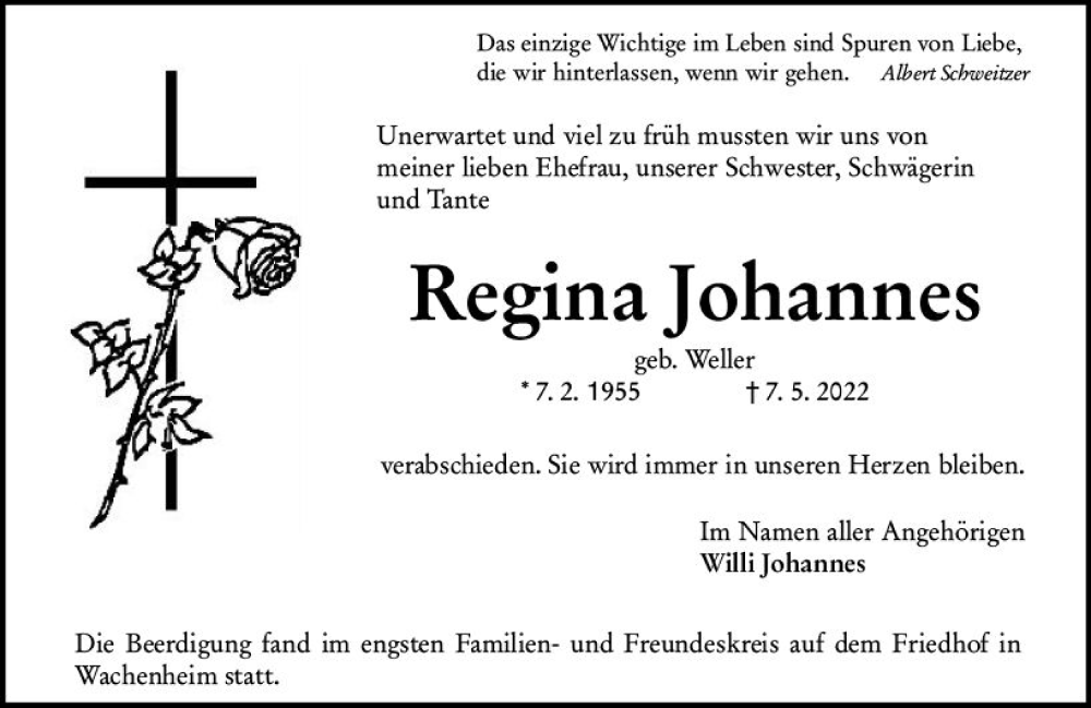  Traueranzeige für Regina Johannes vom 21.05.2022 aus vrm-trauer Allgemeine Zeitung Alzey