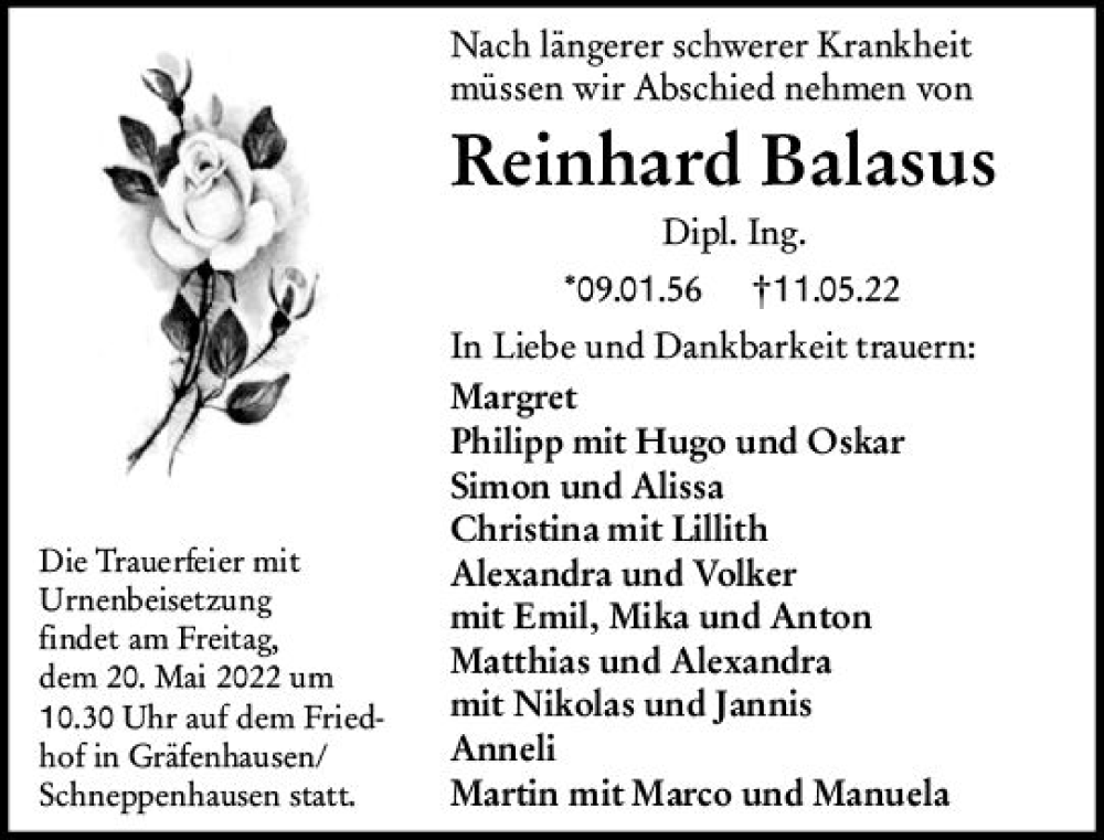  Traueranzeige für Reinhard Balasus vom 14.05.2022 aus vrm-trauer Darmstädter Echo