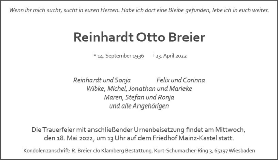 Traueranzeige von Reinhardt Otto Breier von vrm-trauer Wiesbadener Kurier