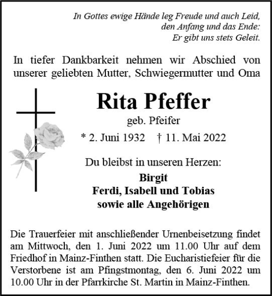 Traueranzeige von Rita Pfeffer von vrm-trauer AZ Mainz
