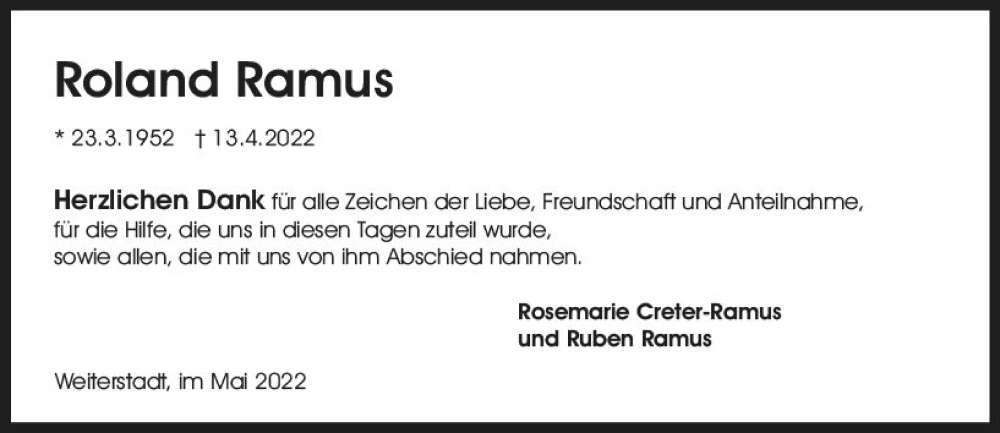  Traueranzeige für Roland Ramus vom 21.05.2022 aus vrm-trauer Darmstädter Echo