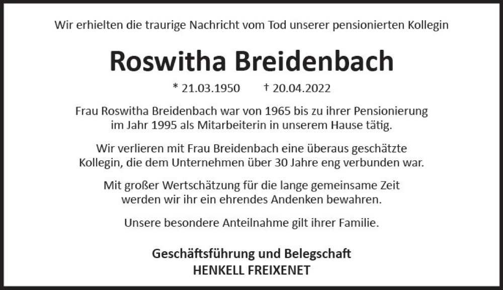  Traueranzeige für Roswitha Breidenbach vom 07.05.2022 aus vrm-trauer Wiesbadener Kurier
