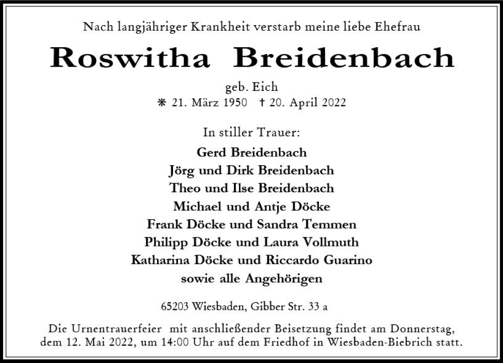  Traueranzeige für Roswitha Breidenbach vom 07.05.2022 aus vrm-trauer Wiesbadener Kurier