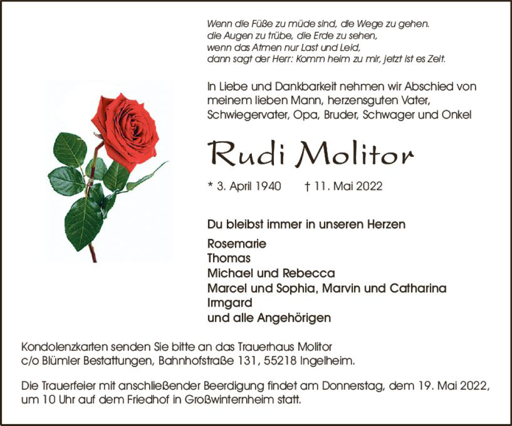  Traueranzeige für Rudi Molitor vom 14.05.2022 aus vrm-trauer Allgemeine  Zeitung Ingelheim-Bingen