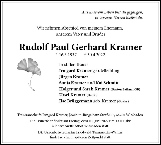 Traueranzeige von Rudolf Kramer von vrm-trauer Wiesbadener Kurier