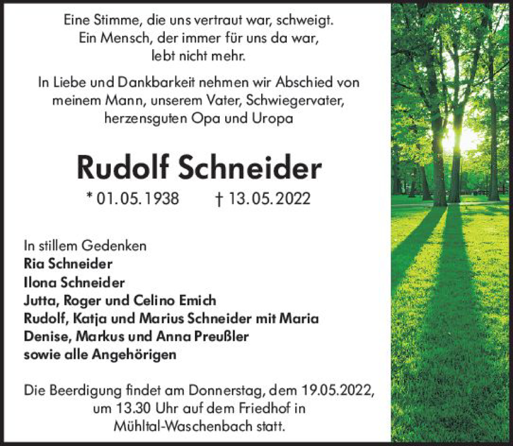  Traueranzeige für Rudolf Schneider vom 18.05.2022 aus vrm-trauer Darmstädter Echo