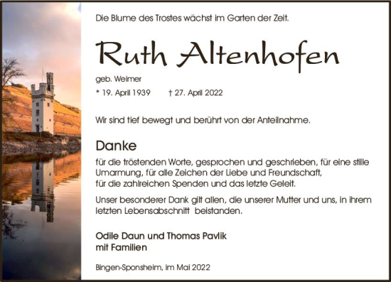 Traueranzeige von Ruth Altenhofen von vrm-trauer Allgemeine  Zeitung Ingelheim-Bingen
