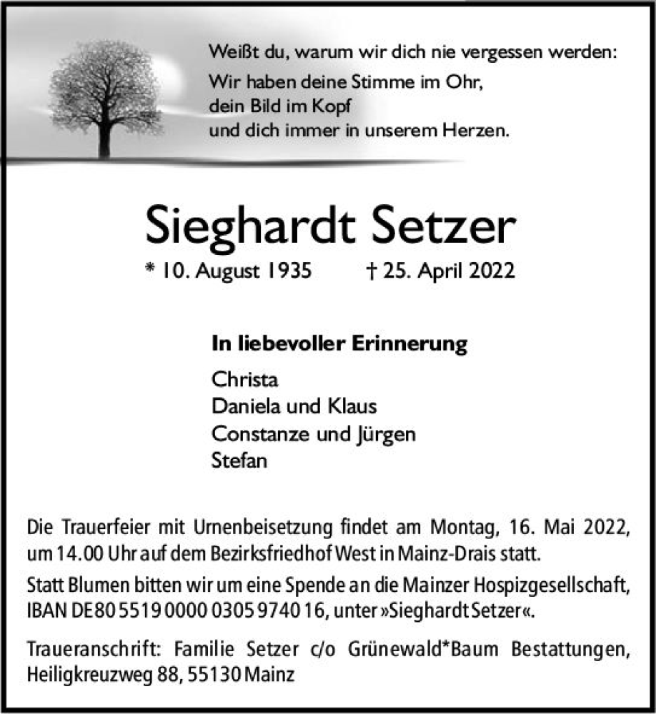  Traueranzeige für Sieghardt Setzer vom 07.05.2022 aus vrm-trauer AZ Mainz