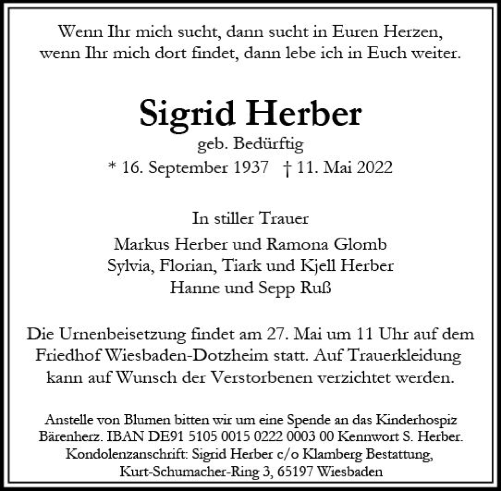 Traueranzeige für Sigrid Herber vom 24.05.2022 aus vrm-trauer Wiesbadener Kurier