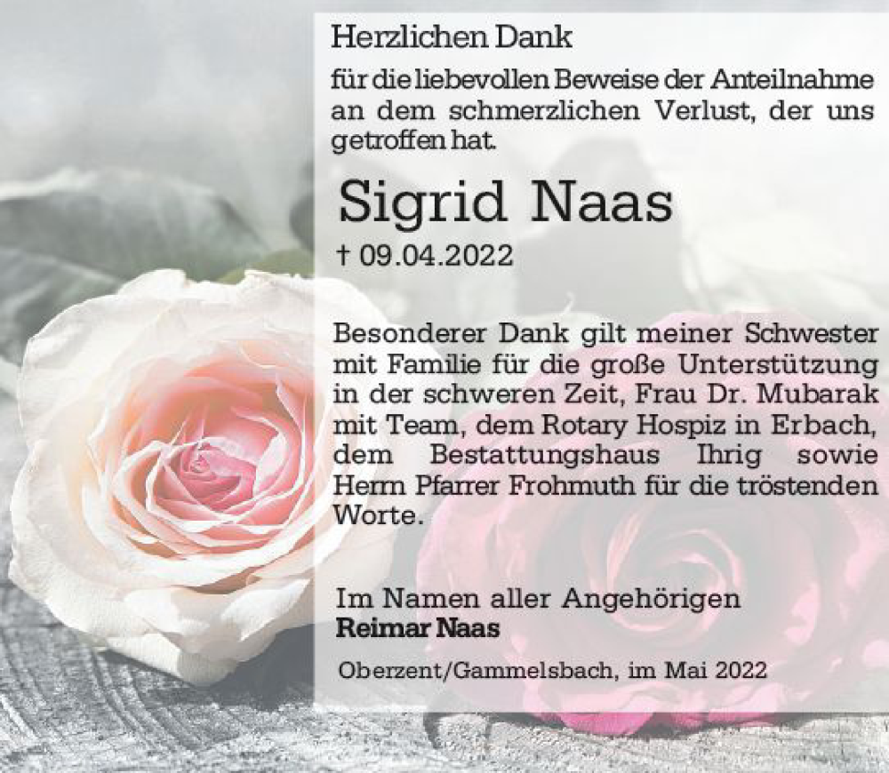  Traueranzeige für Sigrid Naas vom 14.05.2022 aus vrm-trauer Odenwälder Echo
