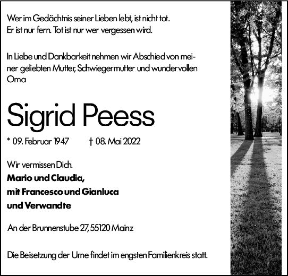  Traueranzeige für Sigrid Peess vom 19.05.2022 aus vrm-trauer AZ Mainz