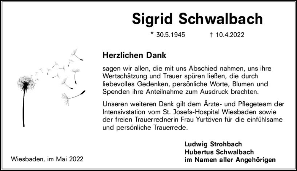  Traueranzeige für Sigrid Schwalbach vom 14.05.2022 aus vrm-trauer Wiesbadener Kurier