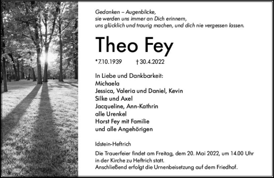 Traueranzeige von Theo Fey von vrm-trauer Idsteiner Zeitung