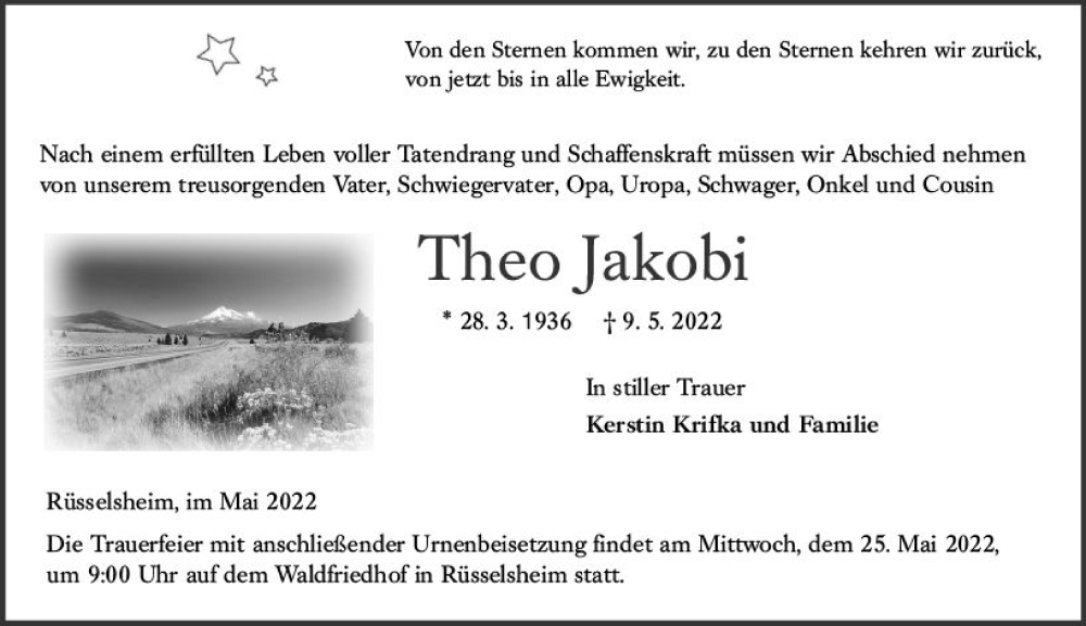  Traueranzeige für Theo Jakobi vom 14.05.2022 aus vrm-trauer Rüsselsheimer Echo / MainSpitze