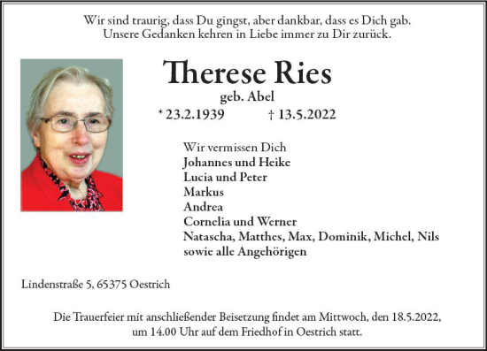Traueranzeige von Therese Ries von vrm-trauer Rheingau