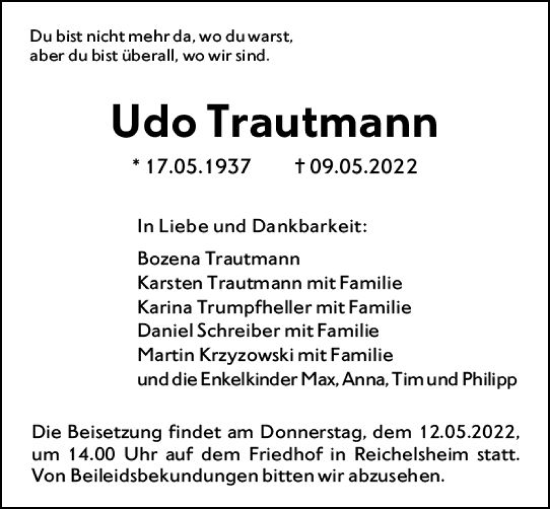 Traueranzeige von Udo Trautmann von vrm-trauer Odenwälder Echo