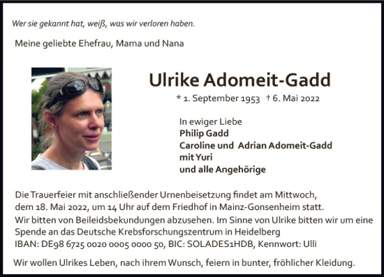 Traueranzeige von Ulrike Adomeit-Gadd von vrm-trauer AZ Mainz