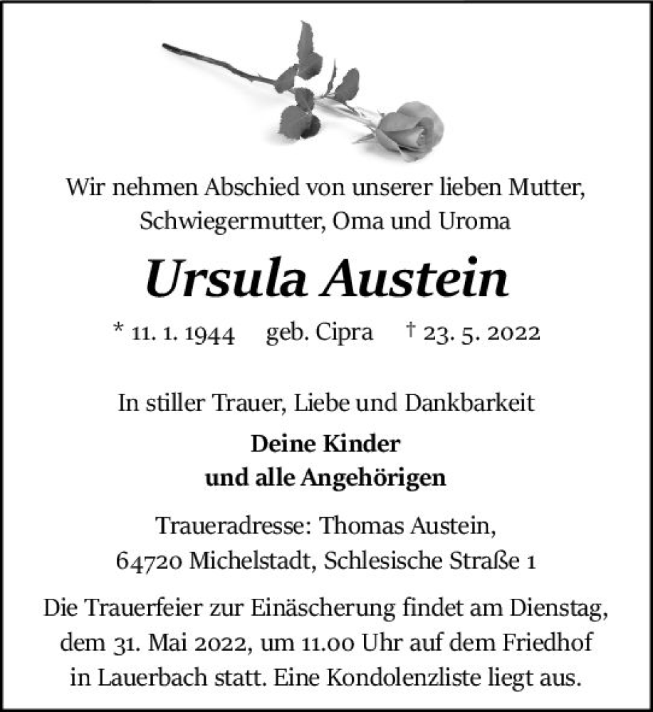  Traueranzeige für Ursula Austein vom 28.05.2022 aus vrm-trauer Odenwälder Echo