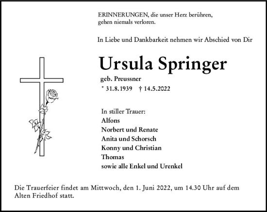 Traueranzeige von Ursula Springer von vrm-trauer Hochheimer Zeitung