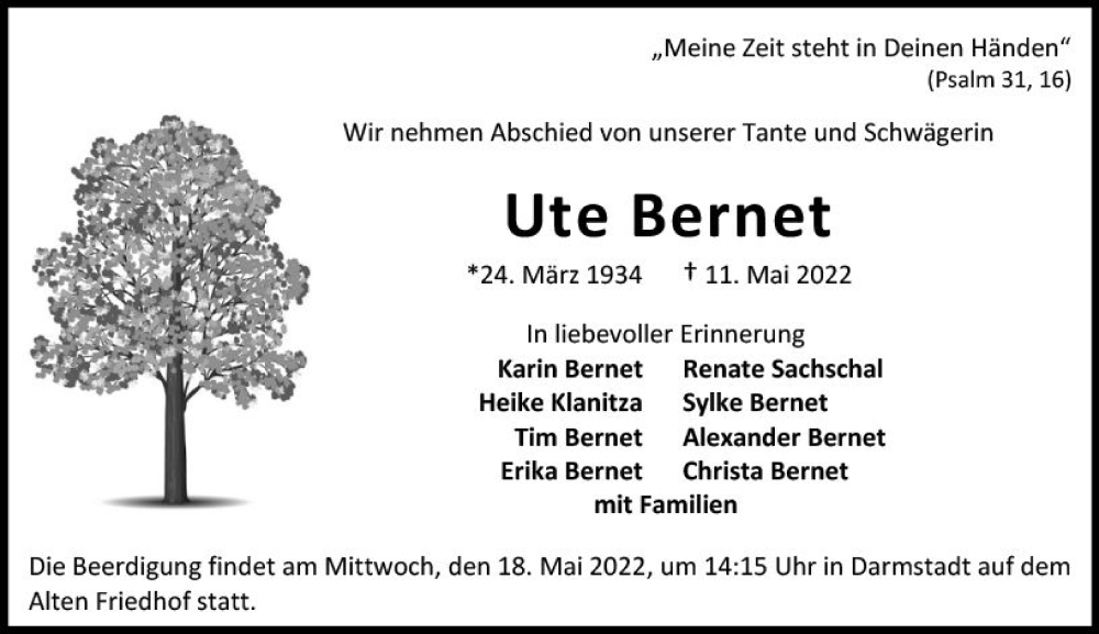  Traueranzeige für Ute Bernet vom 14.05.2022 aus vrm-trauer Darmstädter Echo