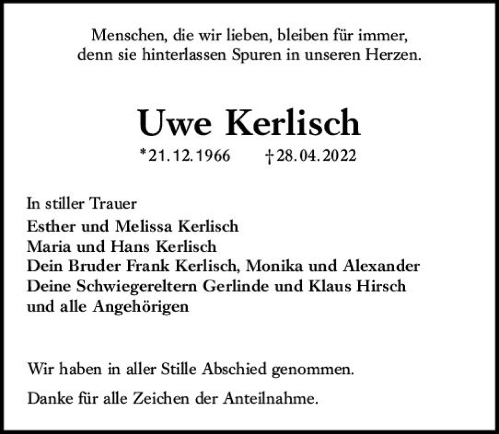  Traueranzeige für Uwe Kerlisch vom 07.05.2022 aus vrm-trauer Groß-Gerauer Echo