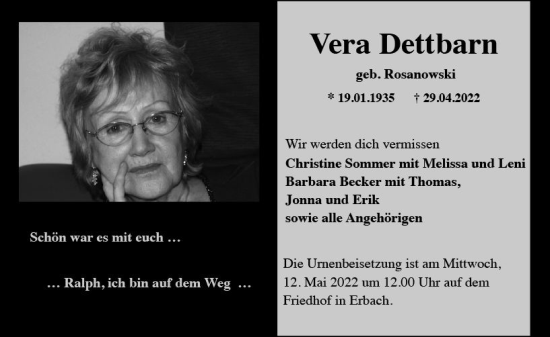 Traueranzeige von Vera Dettbarn von vrm-trauer AZ Mainz