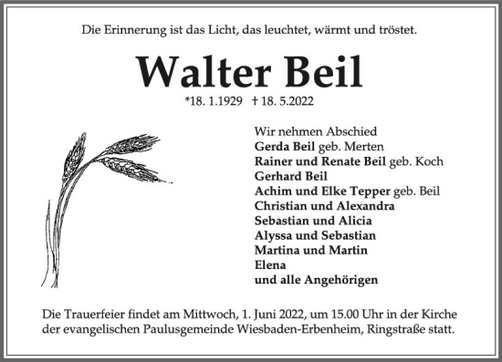 Traueranzeige von Walter Beil von vrm-trauer Wiesbadener Kurier