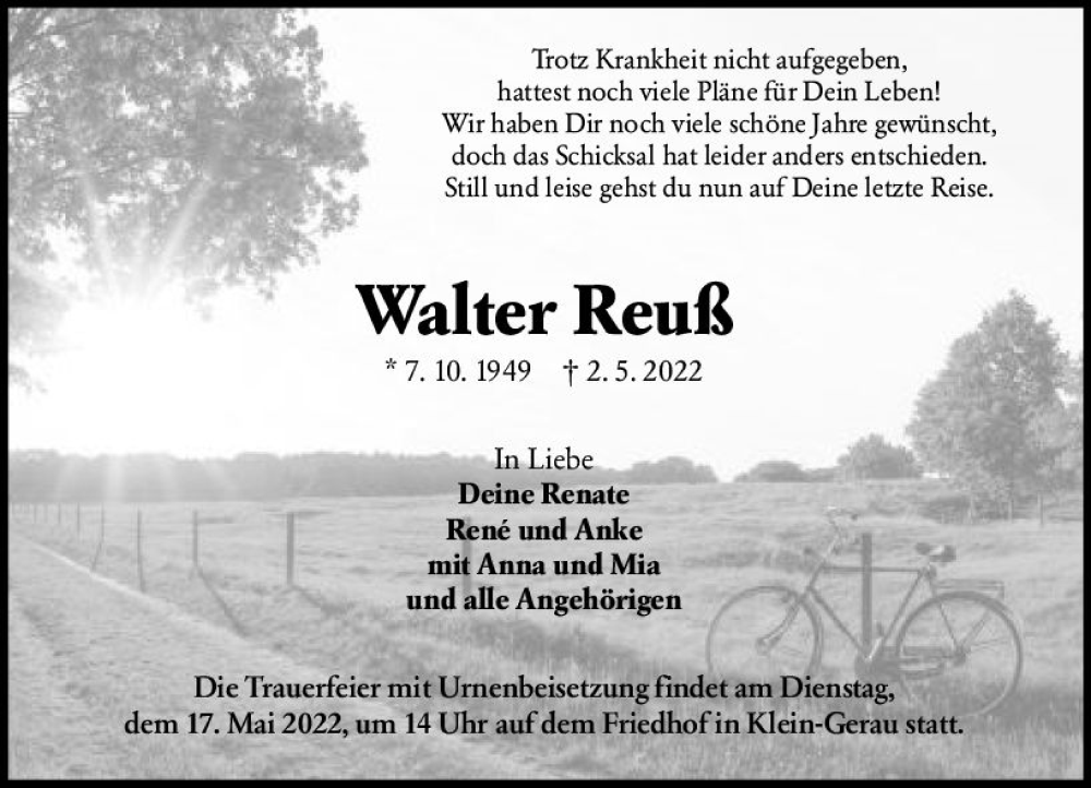  Traueranzeige für Walter Reuß vom 14.05.2022 aus vrm-trauer Groß-Gerauer Echo