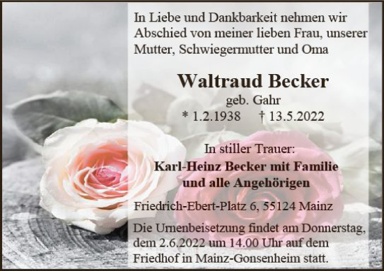 Traueranzeige von Waltraud Becker von vrm-trauer AZ Mainz