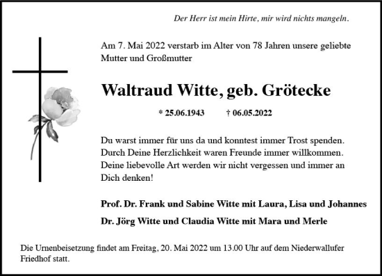 Traueranzeige von Waltraud Witte von vrm-trauer Wiesbadener Kurier