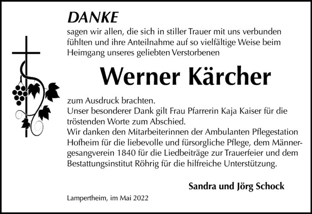  Traueranzeige für Werner Kärcher vom 21.05.2022 aus vrm-trauer Bürstädter/Lamperth. Ztg/Starkenburger