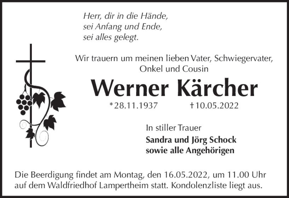  Traueranzeige für Werner Kärcher vom 13.05.2022 aus vrm-trauer Bürstädter/Lamperth. Ztg/Starkenburger