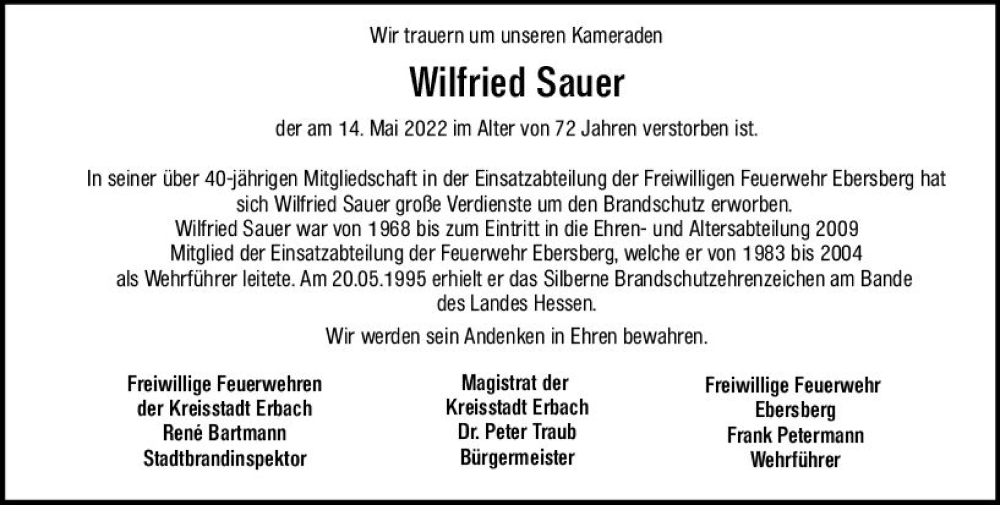 Traueranzeige für Wilfried Sauer vom 21.05.2022 aus vrm-trauer Odenwälder Echo
