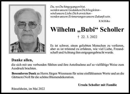 Traueranzeige von Wilhelm Scholler von vrm-trauer Rüsselsheimer Echo / MainSpitze