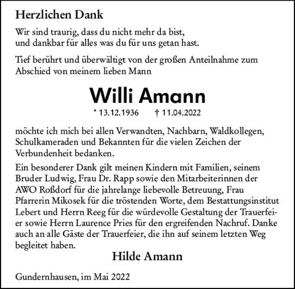  Traueranzeige für Willi Amann vom 07.05.2022 aus vrm-trauer Darmstädter Echo