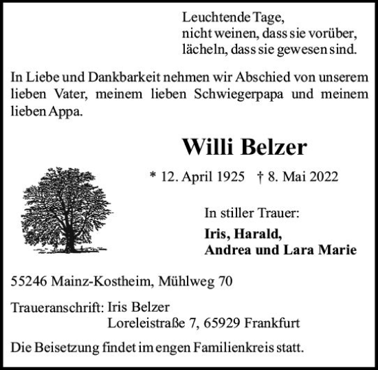 Traueranzeige von Willi Belzer von vrm-trauer AZ Mainz