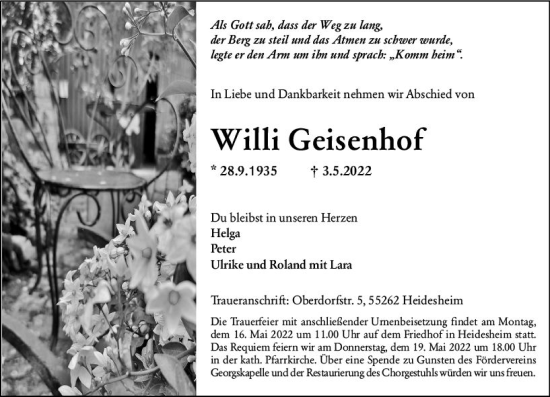 Traueranzeige von Willi Geisenhof von vrm-trauer Allgemeine  Zeitung Ingelheim-Bingen
